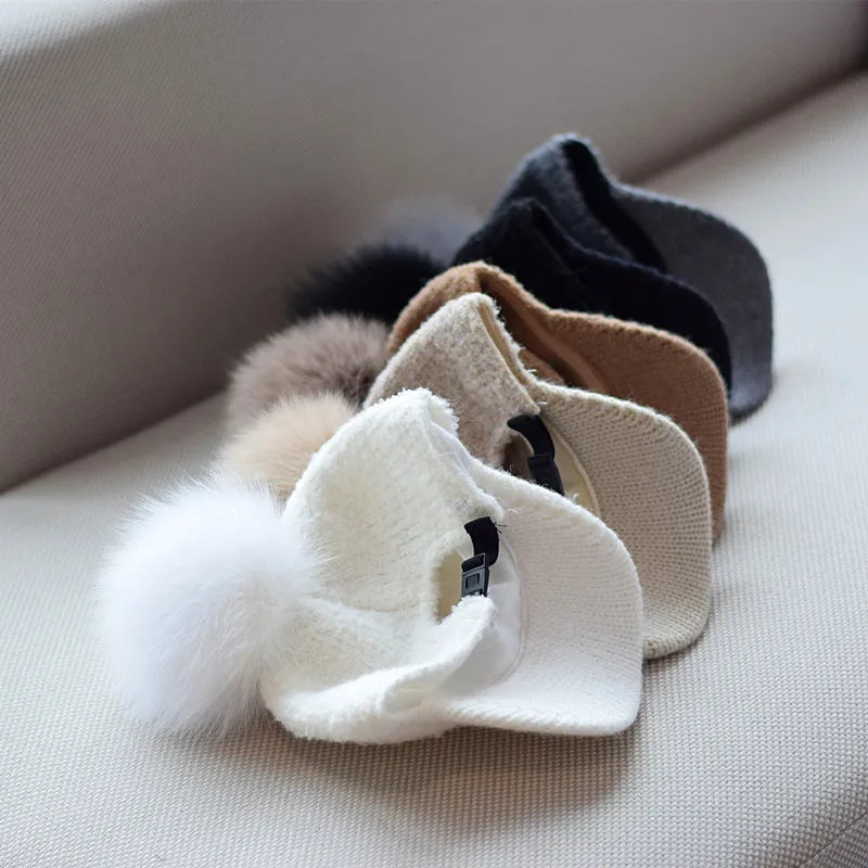 Gorra de béisbol unisex de invierno de moda para mujer, gorro de papá de lana de cordero de lujo con pompón de piel, gorra de papá cálida para invierno al aire libre de Hip Hop