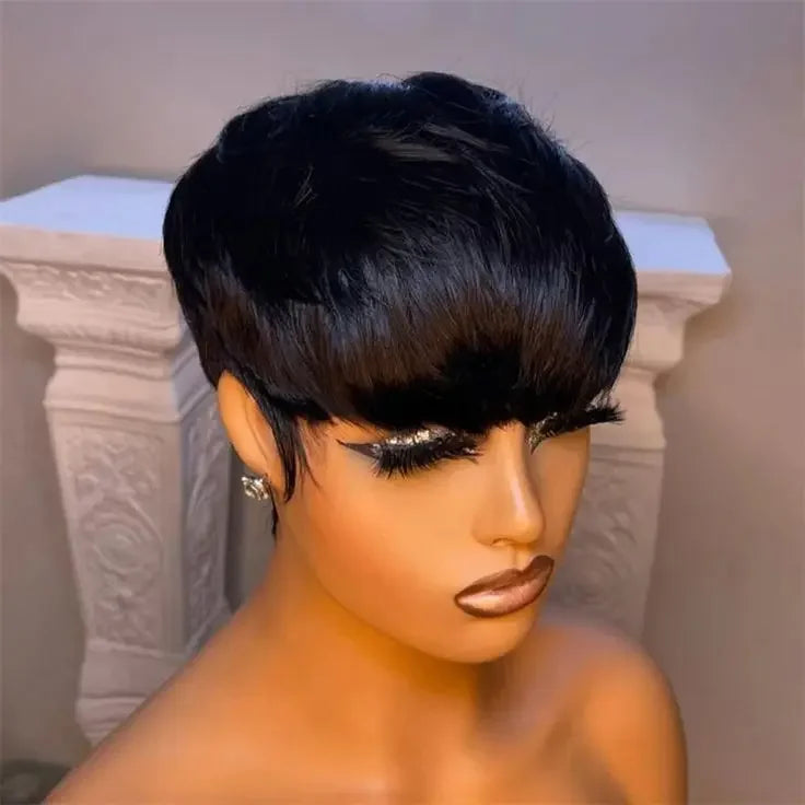 Peluca Lolely Dream Corta Naranja Jengibre 100% Cabello Humano con Flequillo, Peluca Lisa Remy Hecha a Máquina, Peluca Bob con Capas, Corte Pixie para Mujeres