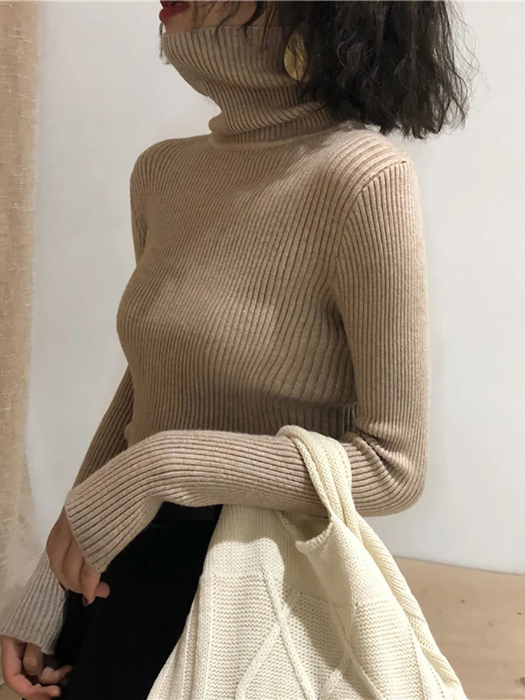 Jersey de cuello alto para mujer, blusa de otoño e invierno, jersey coreano ajustado para mujer, suéter de punto, jersey para mujer, invierno