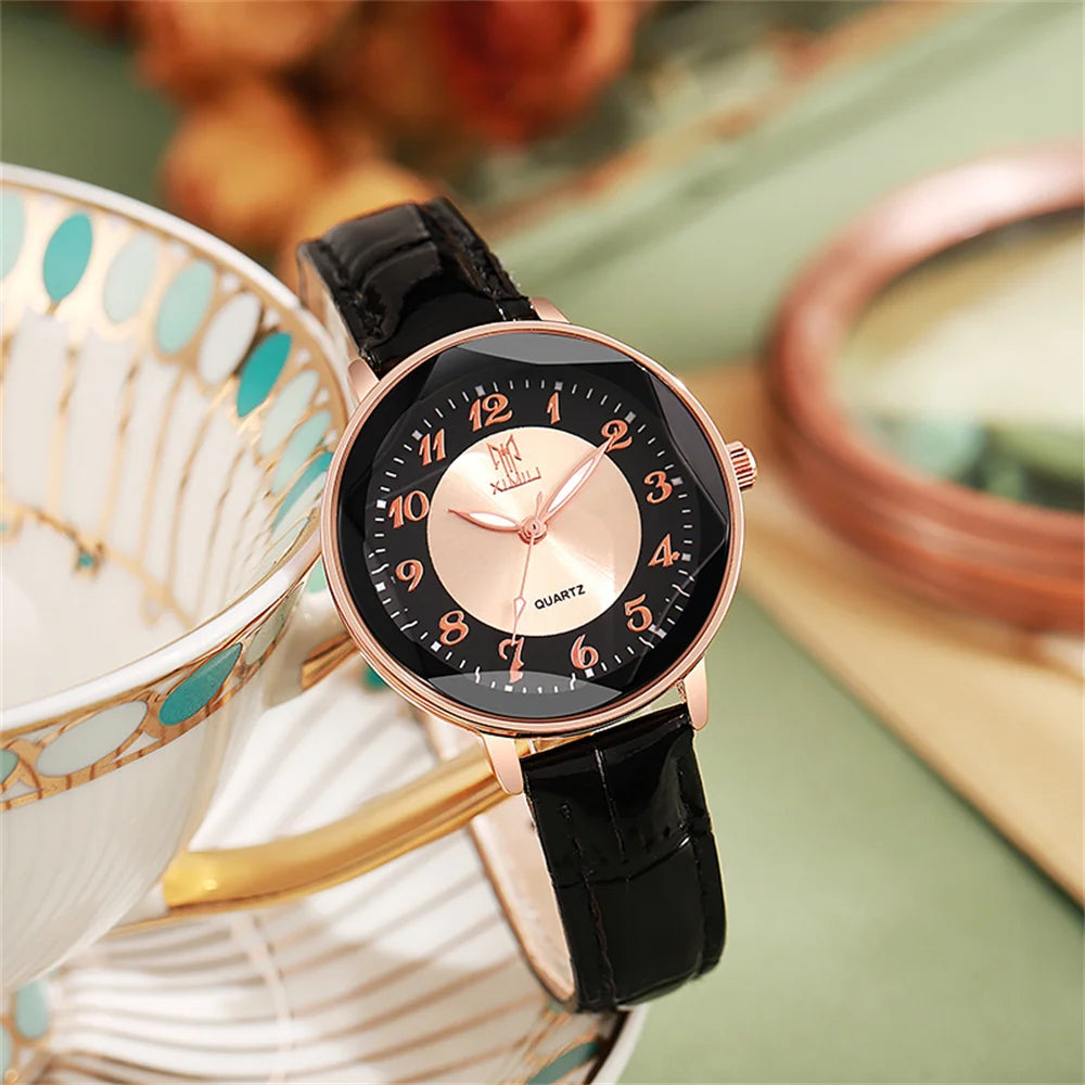 Reloj de mujer sencillo con números arábigos, reloj de cuarzo, moderno, de cuero rosa, para señora, reloj de pulsera de negocios