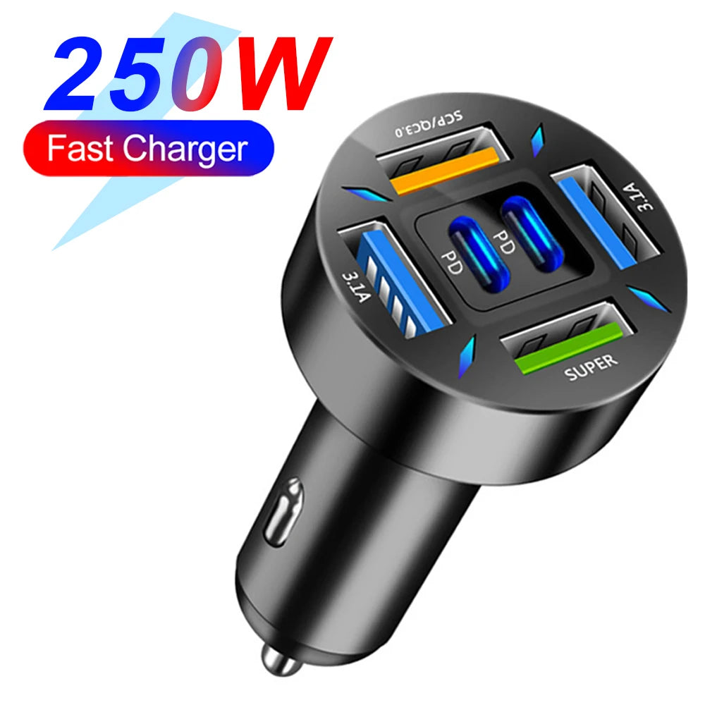 Cargador de coche PD 66-250W QC3.0 Carga rápida Seis en uno Enchufe encendedor de coche Cargador de coche Carga flash con pantalla digital