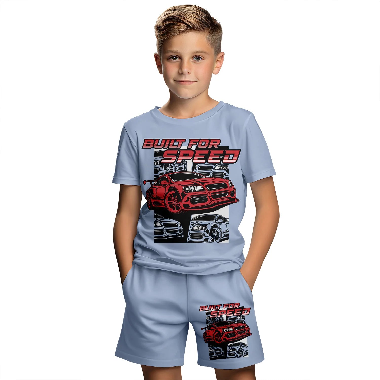 Traje de ropa para niños para niño, verano, manga corta, camiseta, pantalones cortos, dibujos animados, coche 3D, estampado, niña, a la moda, conjuntos para niños