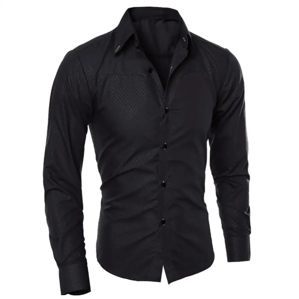 Camisa de vestir de negocios para hombre, de lujo, informal, social, formal, con solapa, manga larga, corte ajustado, color liso