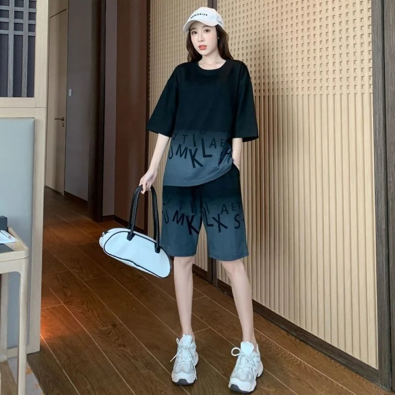 Women's Casual Sports Short Suit Summer New Fashion Fried Street Long T-shirt Crop Tops 2 Two Piece Set For Women Tracksuit