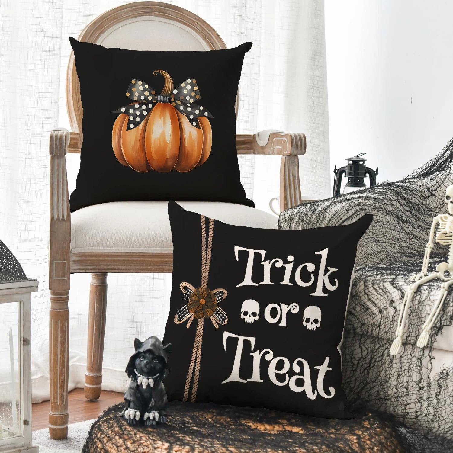 Funda de almohada de Halloween de 1/4 piezas, funda de cojín de calabaza fantasma con lazo de Halloween, funda de cojín decorativa para sofá, sala de estar, dormitorio