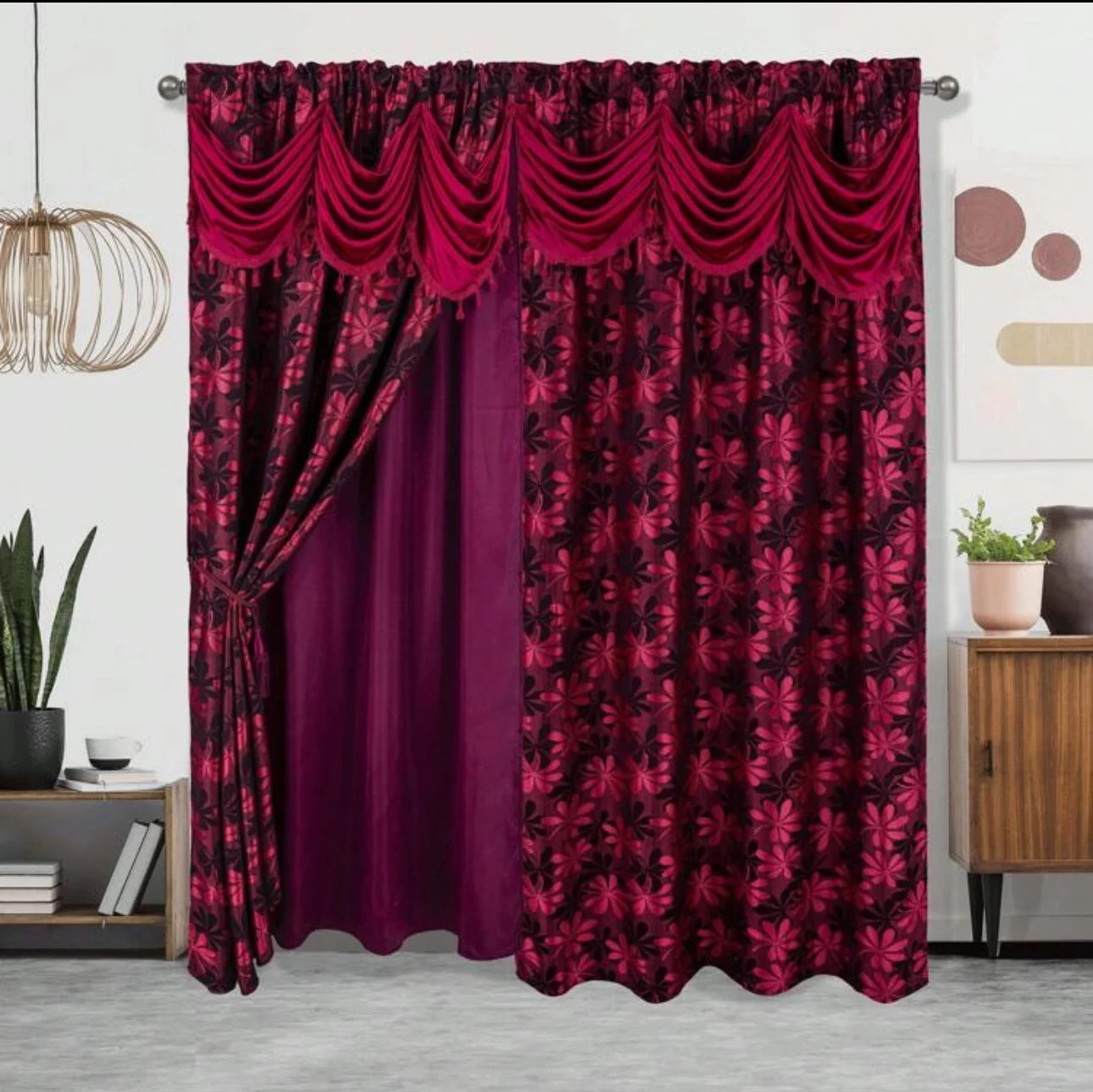 Red Floral Printed Curtains