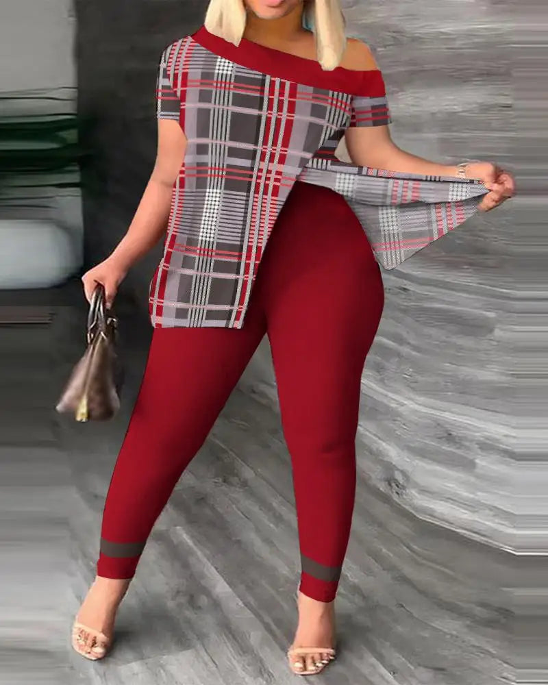 Conjuntos de dos piezas elegantes para mujer, nueva moda, estampado, top de manga con volantes, conjunto de pantalones de color sólido con cinturón, blusas, ropa femenina