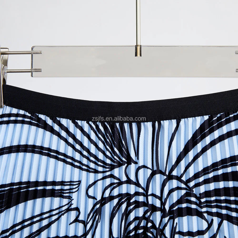 Pleated Skirt and Pleated Shirt Set Women's Summer Short Sleeve Top and Long Printed Pleated Skirt 2-Piece Set Short Skirt