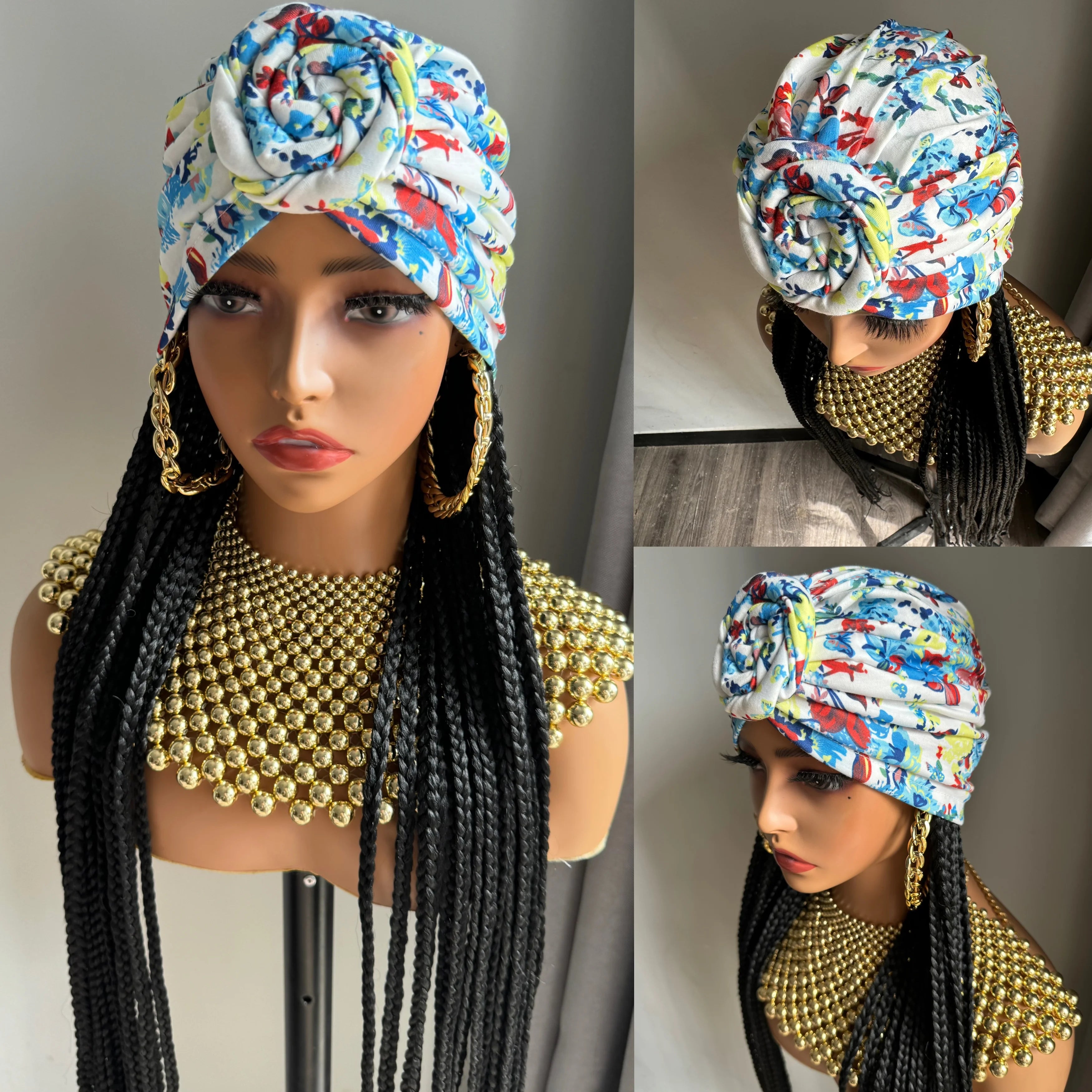 WIGERA Diadema con estampado de leopardo Peluca sintética trenzada larga con gorro turbante Trenzado de caja Extensiones de cabello Pañuelo para la cabeza Peinado fácil