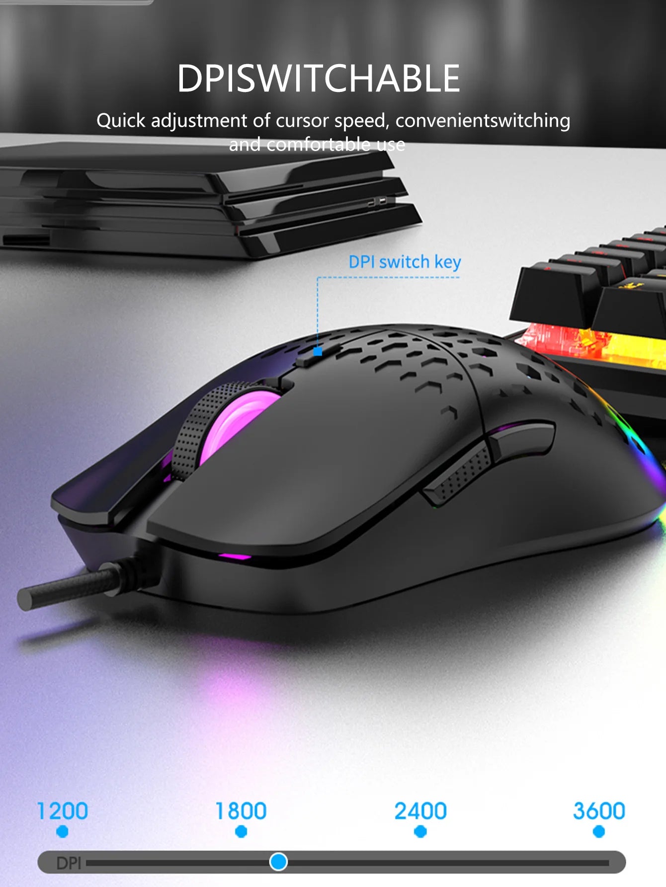 Ratón inalámbrico para juegos, efecto de luz deslumbrante y colorido, DPI variable, ratón perforado con diseño de panal de abeja a la moda