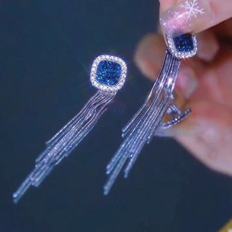 Pendientes de tuerca cuadrados de circonita azul de color plateado con borla larga para mujer, elegantes, delicados y encantadores, regalo premium para boda