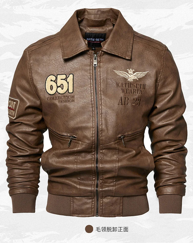 Chaquetas de moto para hombre de moda otoño/invierno casual de cuero bordadas estilo aviador en invierno terciopelo PU Jacke