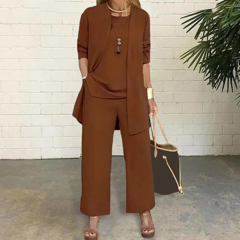 Dameklær Stilig 3-delt buksesett med langermet cardigan, vest med o-hals, vide benbukser, høst- og vårantrekk