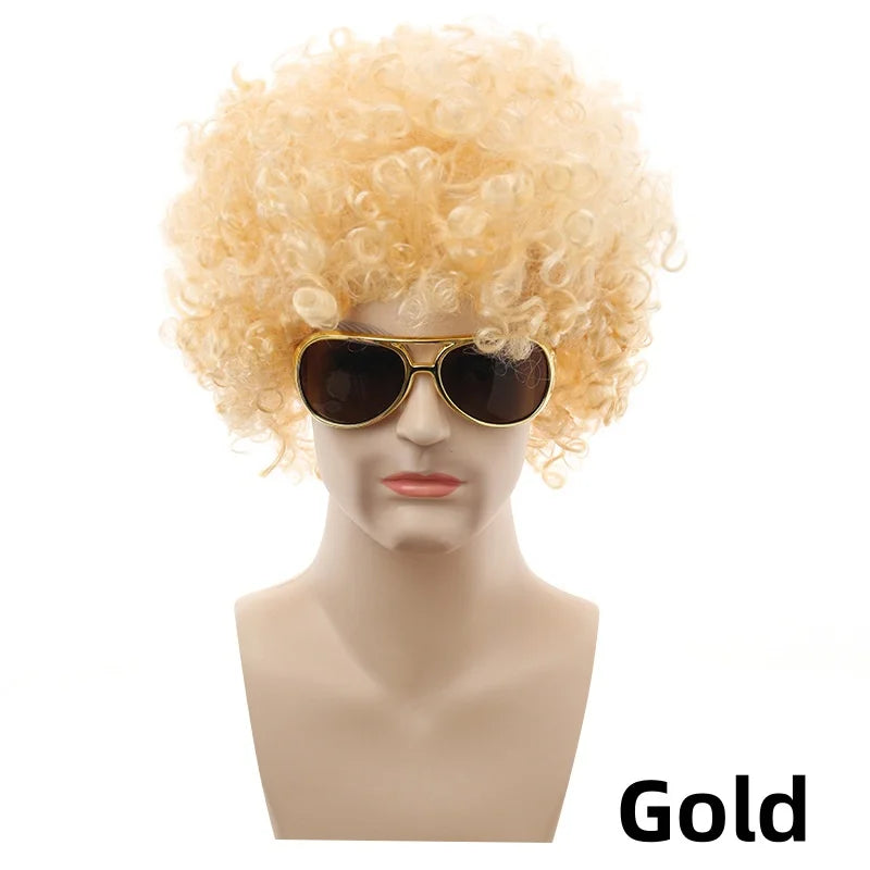 Synthetic Curly Hair Wigs Disco Hippie Rock Punk Afro Wigs Men Women Party Halloween Cosplay Hair Caps Headcover Without Glasses