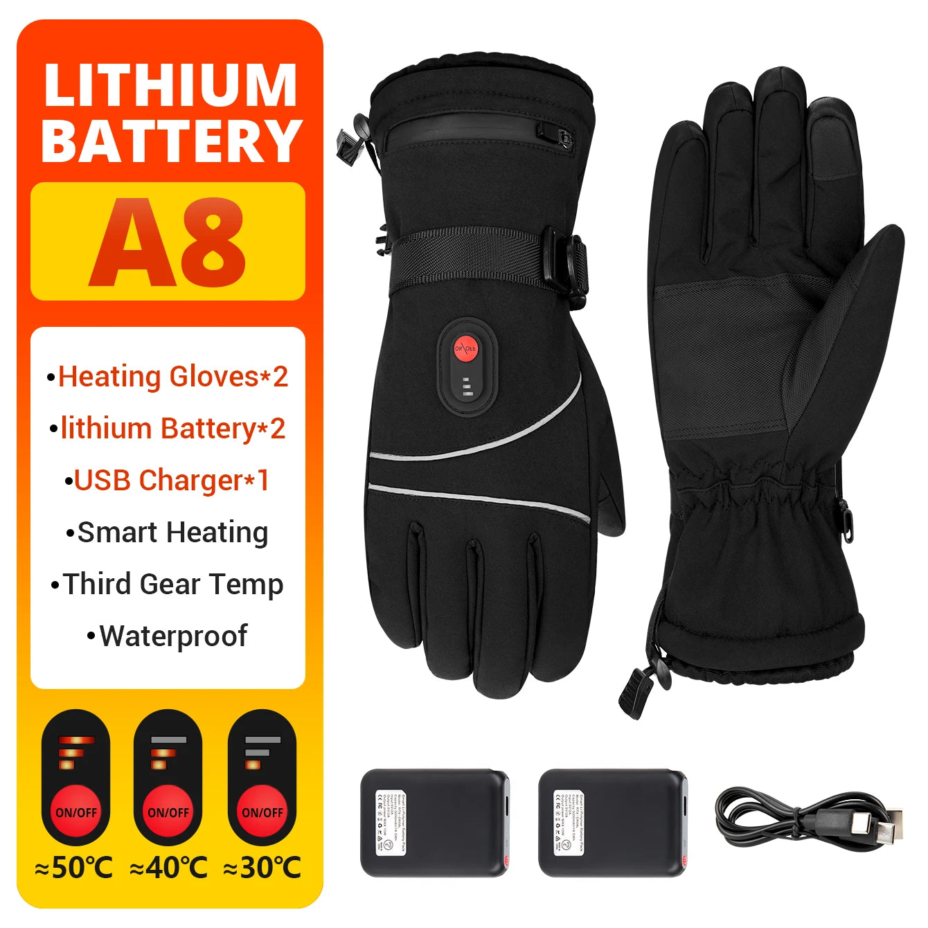 Guantes térmicos eléctricos Guantes de esquí de invierno calefactables para motocicleta cálidos impermeables recargables térmicos para motos de nieve