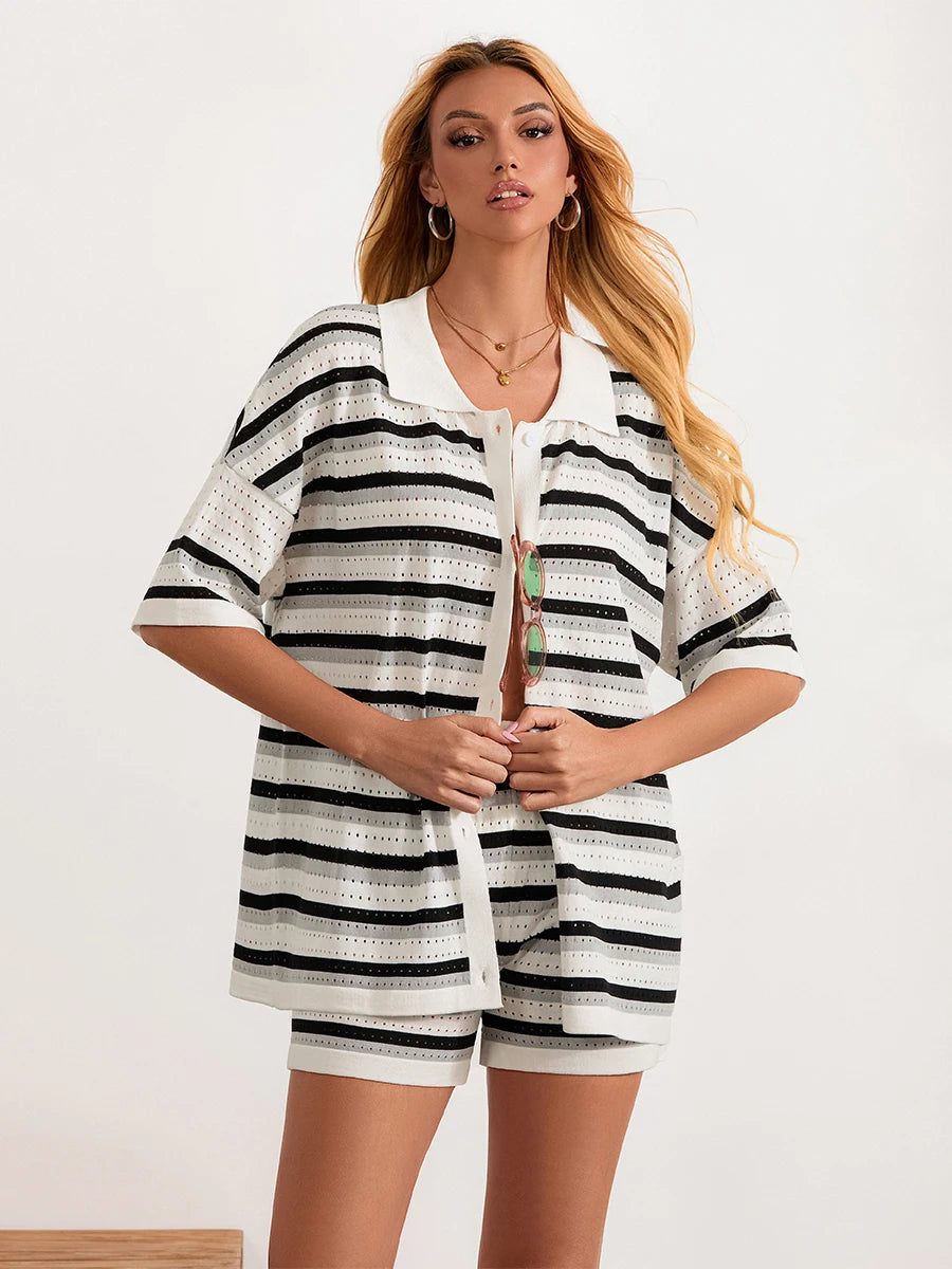 Conjunto de Pijama de Mujer de 2 Piezas Trajes de Salón Verano Rayas Contraste de Color Botón Tops de Punto de Ganchillo y Pantalones Cortos Conjuntos de Salón Playa