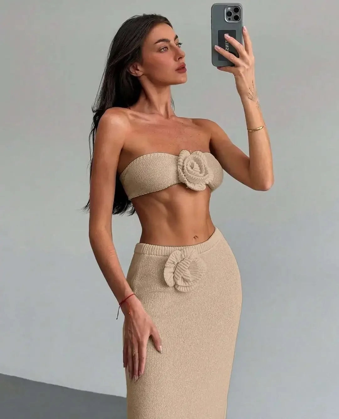 Conjunto de punto de 2 piezas para mujer, falda larga con retales florales, tops de tubo y falda de playa ajustada de cintura alta, conjuntos de punto para mujer
