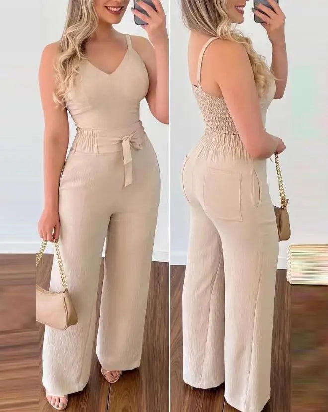 Conjuntos de dos piezas para mujer, trajes de verano 2024, top fruncido y pantalón casual de cintura alta, trajes de mujer con temperamento