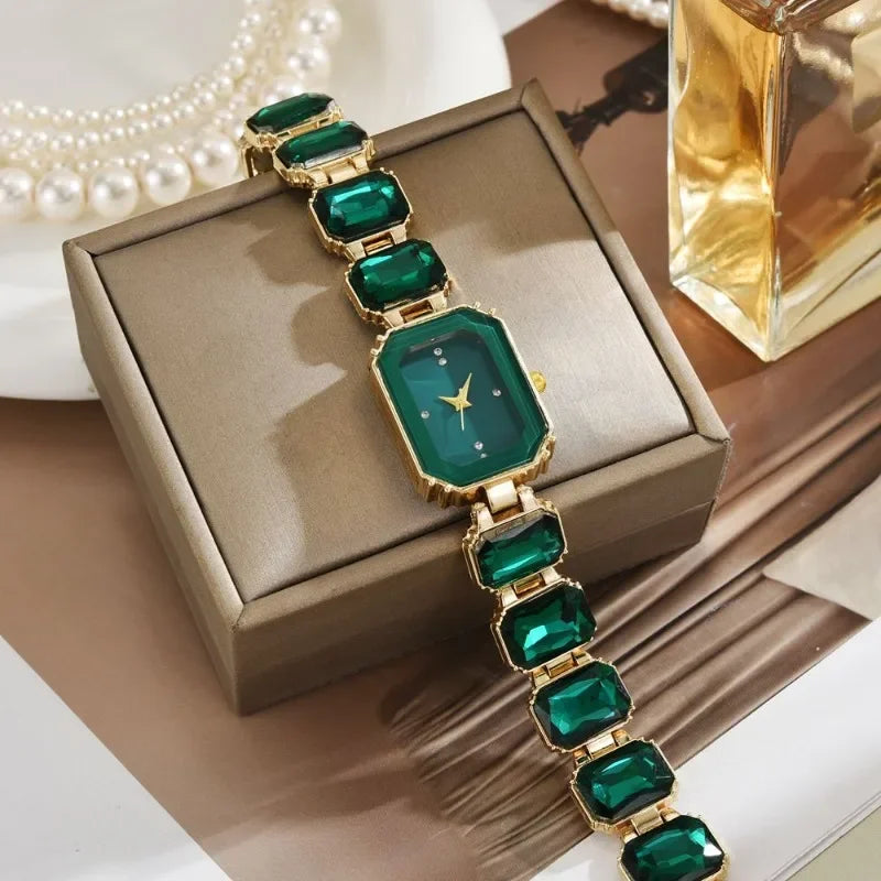 New Retro Shiny Rectangular Dial Rhinestone Bracelet Watch for Women Luxury Gold Color Stainless Steel Ladies Wristwatch