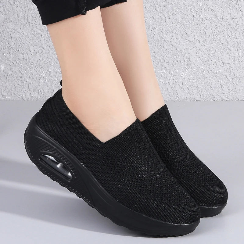 Zapatillas de deporte para mujer, zapatos vulcanizados, zapatos de plataforma de moda para mujer, zapatos planos sólidos, zapatos casuales transpirables con cuña para caminar o correr
