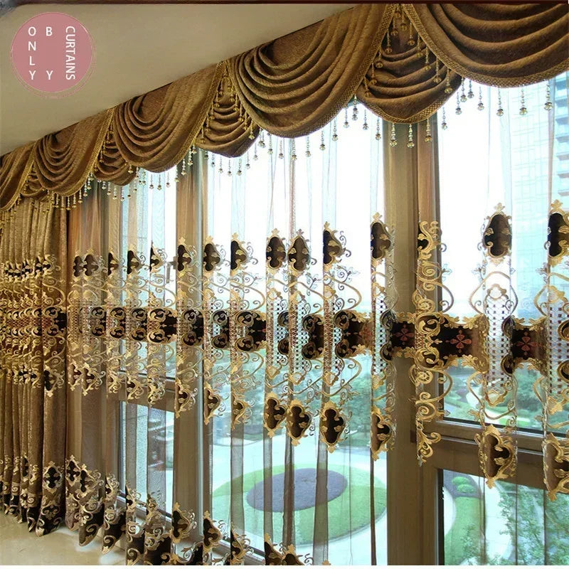 Brown & Gold Chenille Velvet Curtains