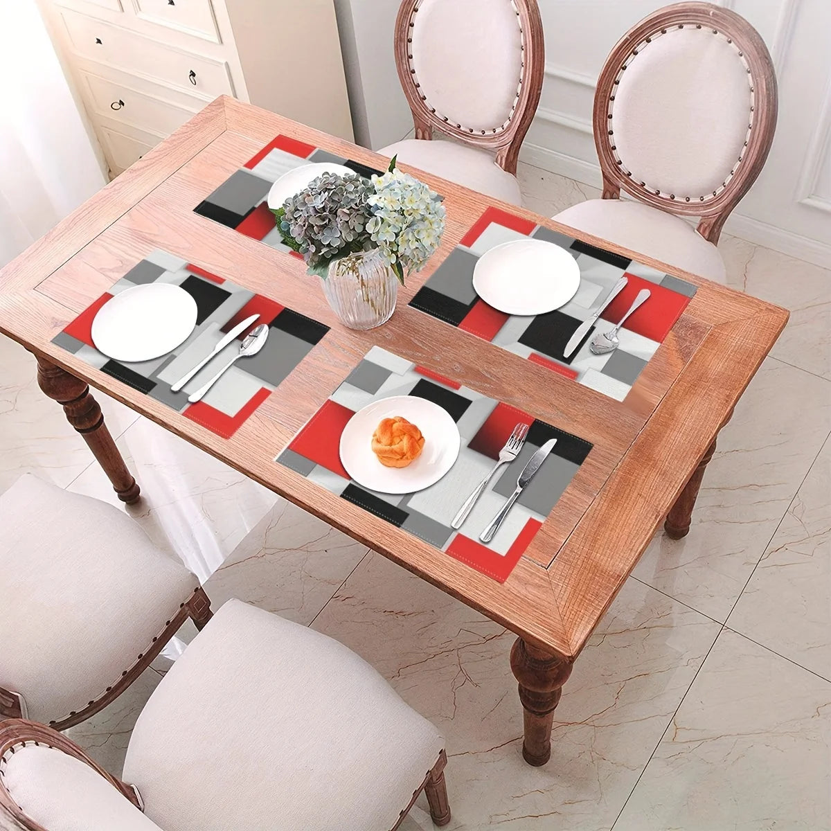 1 unidad de salvamanteles geométricos, manteles individuales de arte moderno abstracto para mesa de comedor, bloques rojos, blancos y negros, decoración de tela para la habitación