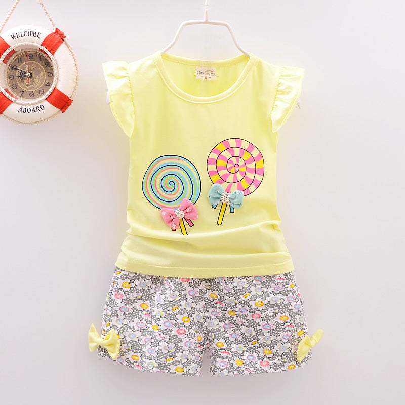 Conjuntos de ropa para bebé niña, camisetas, tops, pantalones cortos, conjuntos de ropa para niños pequeños, estampado de piruletas, ropa de verano para bebés