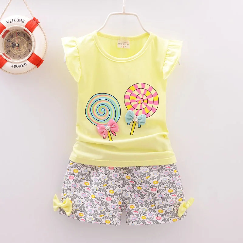 Conjuntos de ropa para bebé niña, camisetas, tops, pantalones cortos, conjuntos de ropa para niños pequeños, estampado de piruletas, ropa de verano para bebés