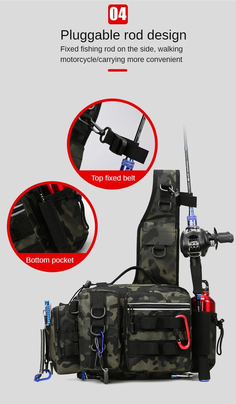 Fishing Tackle Backpack Lure Box Gear Storage Bag Fanny Pack for Men Fly Fishing Backpack with Rod Holder Sling Shoulder Bag