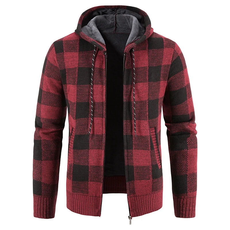 Chaqueta a cuadros nueva para hombre, suéter con capucha, forro polar de otoño e invierno, ropa informal gruesa y cálida, cortavientos para el frío
