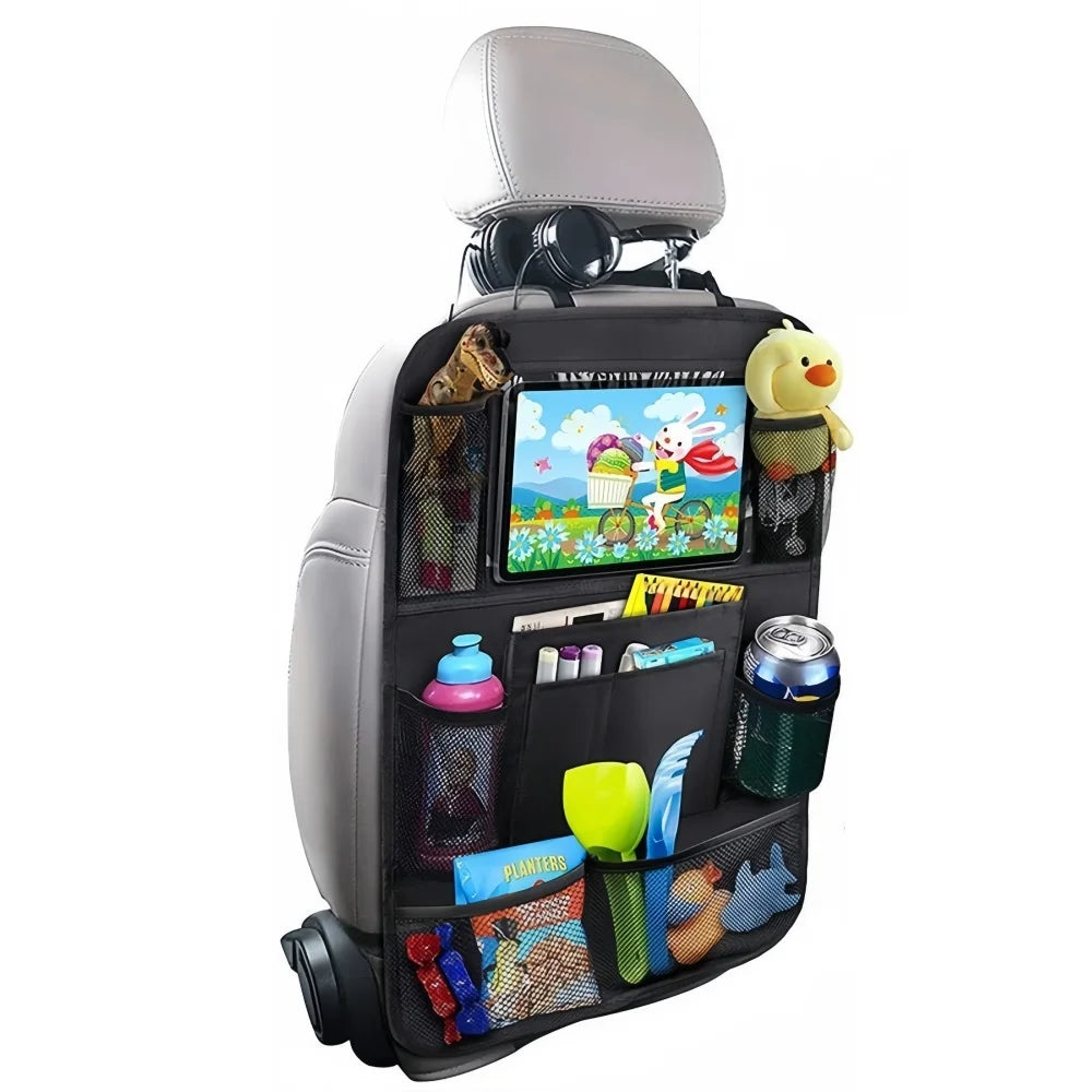 Organizador de respaldo de asiento de coche con soporte para tablet de pantalla táctil, bolsillos de almacenamiento automáticos, protectores de respaldo de asiento de coche para viajes de niños