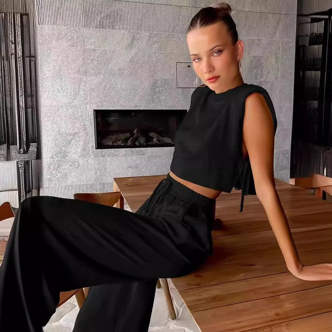 Cotton And Linen Pant Sets Women Sleeveless Leace-up Short Tops Drawstring Long Pants Two Piece Set Commuting 2025 Summer New