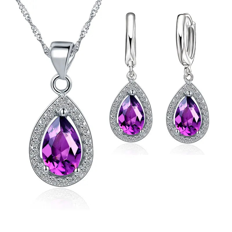 Women’s Waterdrop Crystal Necklace & Earring Set – 925 Sterling Silver Bridal Jewelry