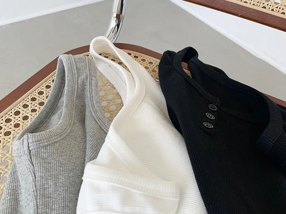 Camiseta sin mangas para mujer de canalé con botones, blusa sin mangas, color liso, informal, para mujer y adolescente, moderna, básica, vestidos de verano