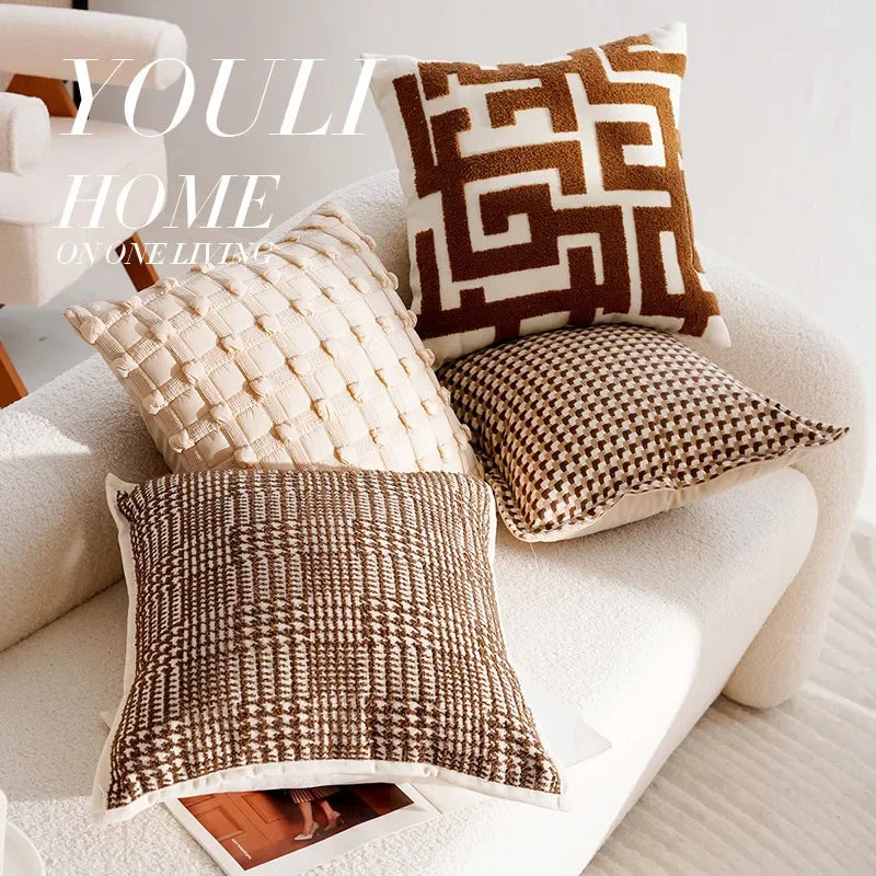 Putetrekk i kremfarget, retrostil, brunt fransk sofaputetrekk 45x45cm putetrekk