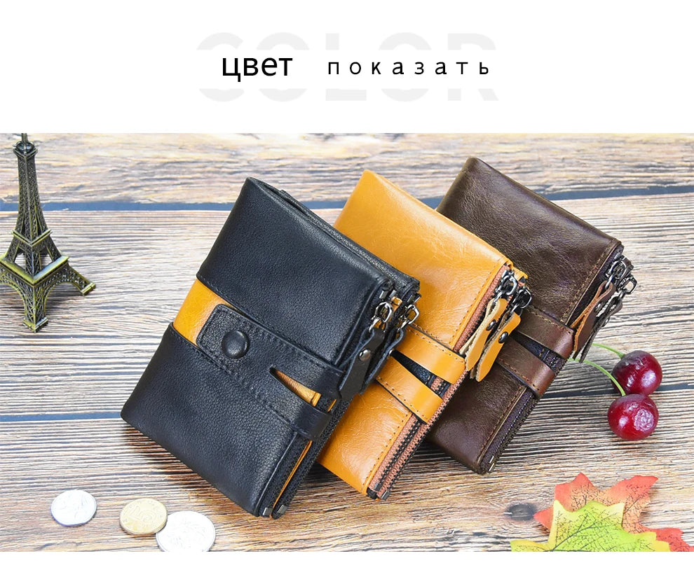 Cartera de piel auténtica para hombre, diseño de lujo, cartera corta plegable, monedero vintage con broche para monedas, bolsillo multifuncional para tarjetas