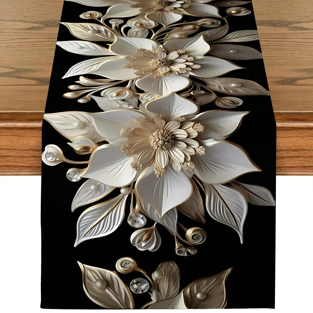 1 Piece of Elegant White and Gold Floral Table Runner, Durable Polyester Fiber, Rectangular | Perfect Suitable for Holiday Meals and Outdoor Parties