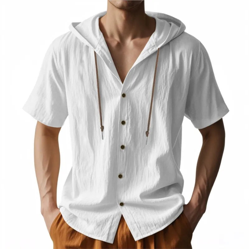 Men's Short Sleeve Shirt Cotton Linen Solid Color Shirts Men Hooded Casual Shirt Man Single Breasted Tops Men Breathable Shirt