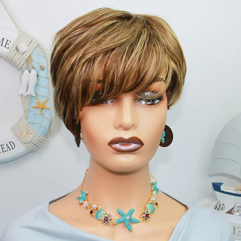 Short Straight Human Hair Wigs Highlight Color Brazilian Remy Hair Pixie Cut Wig Cheap Human Hair Machine Wig For Black Women