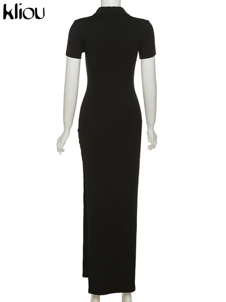 Kliou Elegante Vestido Largo de Oficina para Mujer Color Liso Cuello Vuelto Manga Corta Botones Abertura Lateral Moldeador de Cuerpo Estilo Urbano