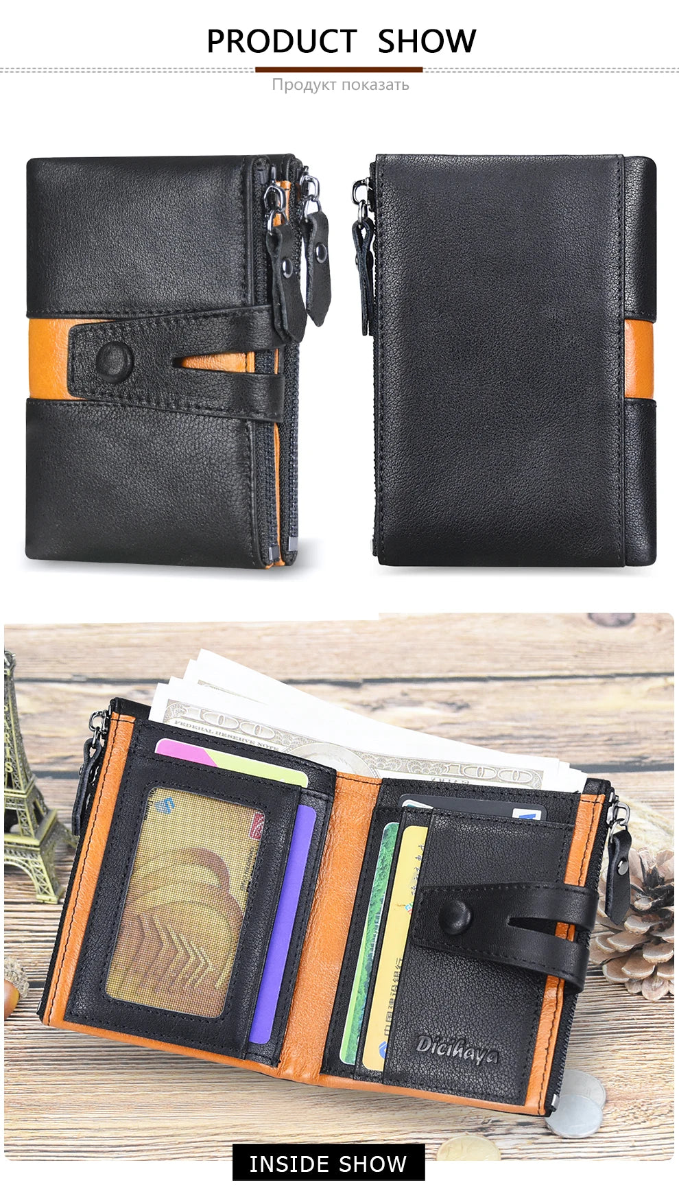 Cartera de piel auténtica para hombre, diseño de lujo, cartera corta plegable, monedero vintage con broche para monedas, bolsillo multifuncional para tarjetas
