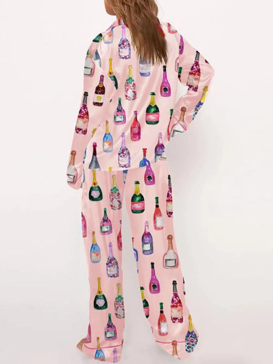 Conjuntos de pijamas de satén para mujer, 2 piezas, botella de champán, copas de vino, camisa de manga larga con botones, pantalones, ropa de satén de seda para estar en casa
