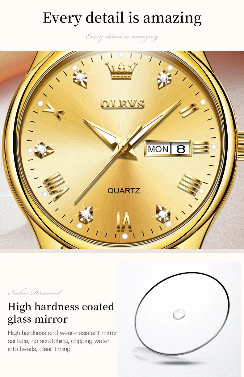 OLEVS Reloj de pulsera para mujer, relojes originales para mujer, de acero inoxidable impermeable, de lujo, de cuarzo, reloj de pulsera para mujer, dorado, Reloj Hombre