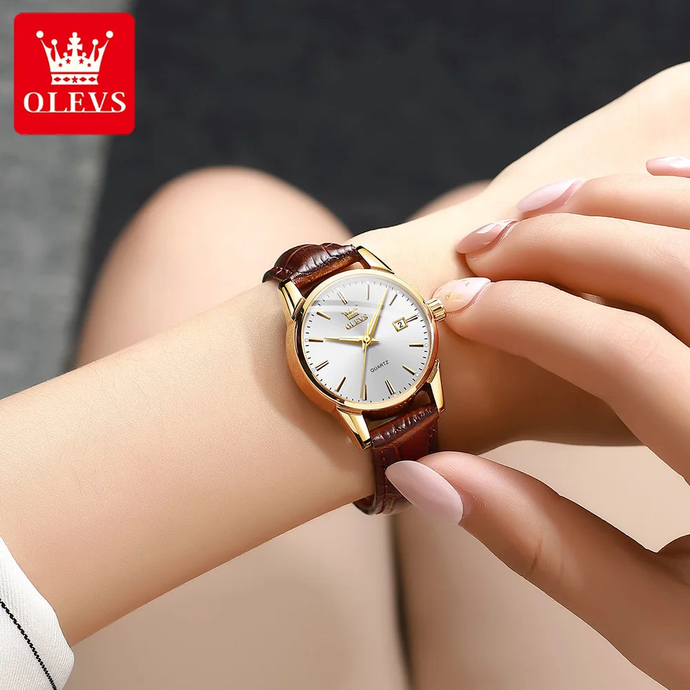OLEVS 6898 Reloj de Mujer Original de Moda Reloj de Pulsera de Cuarzo Impermeable con Correa de Cuero Luminosa Doble Calendario Reloj de Señora