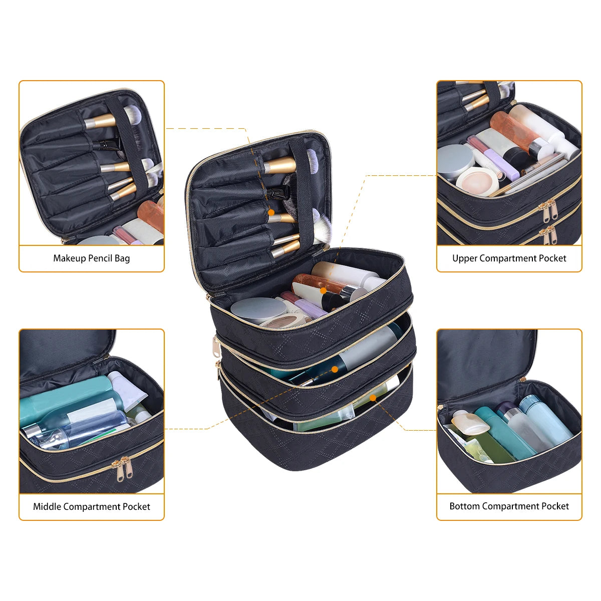Organizador de maquillaje acolchado de 3 capas
