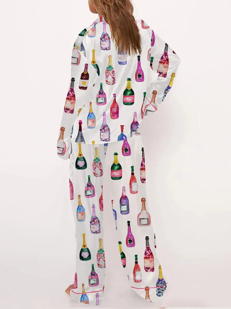 Conjuntos de pijamas de satén para mujer, 2 piezas, botella de champán, copas de vino, camisa de manga larga con botones, pantalones, ropa de satén de seda para estar en casa