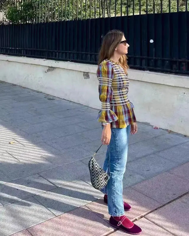 Tops para mujer Vintage a cuadros, elástico, plisado, camiseta informal con cuello redondo, manga larga, dobladillo con volantes, Top, primavera, elegante, para mujer, ropa de calle