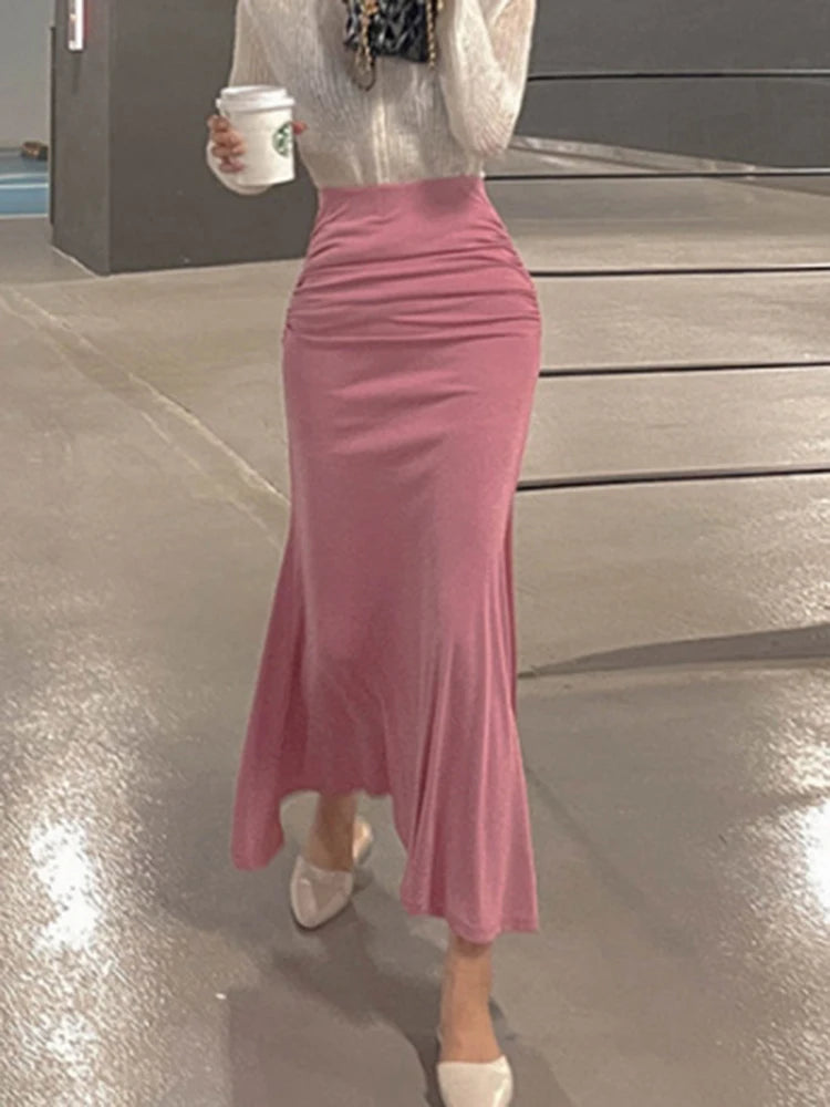 Faldas de satén fruncidas para mujer Falda de cintura alta para mujer Faldas elegantes línea A Falda midi rosa de verano Nuevo estilo coreano