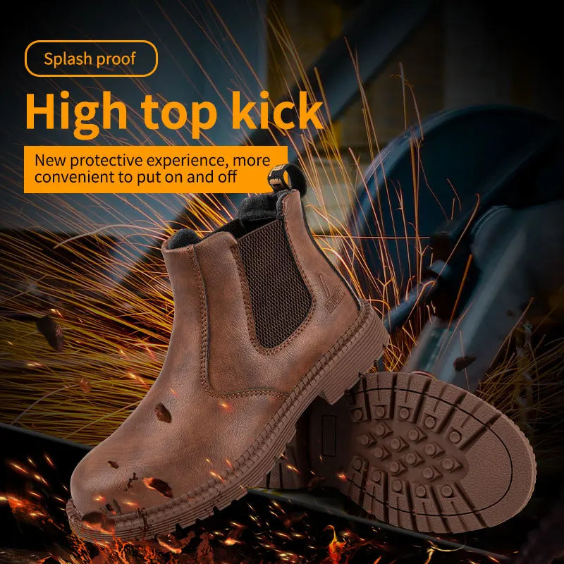 Zapatos de seguridad impermeables para hombre, botas de cuero con punta de acero, calzado masculino, botas de trabajo de construcción indestructibles, color marrón