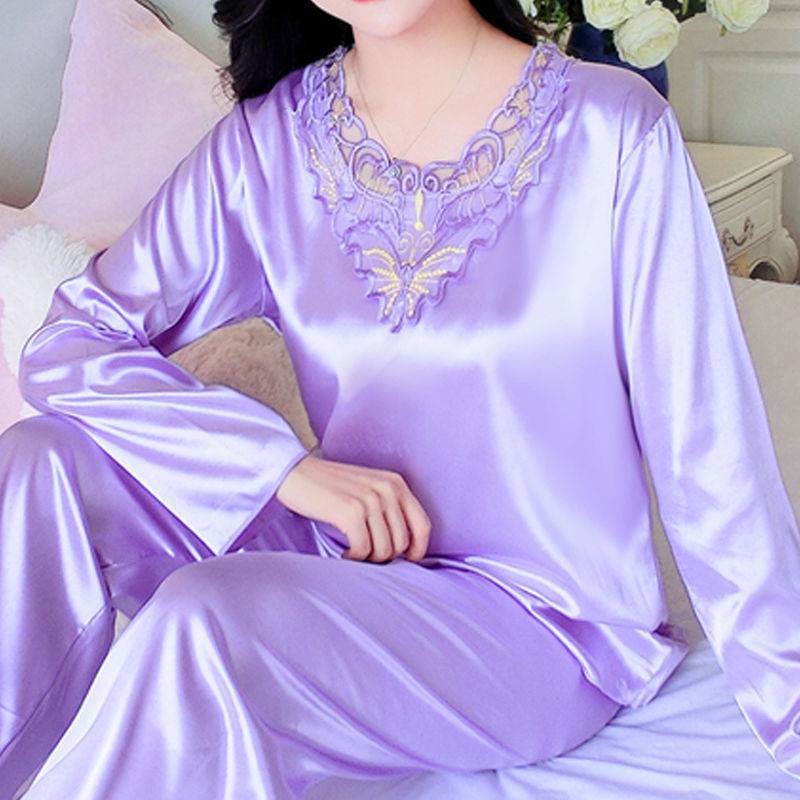 Women's Pajamas Set Summer Long Sleeve And Pants Pyjamas Two-piece Set Pajama Ice Silk Satin Sexy Sleepwear Home Suit Loungewear